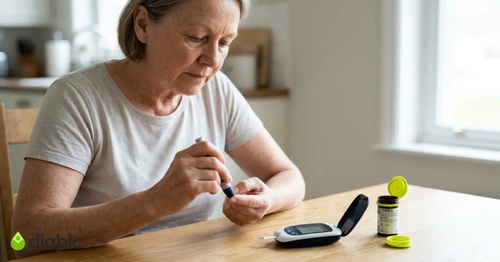 A person using a modern blood sugar monitoring device with a glucose meter, test strips, and smartphone app for daily health tracking.