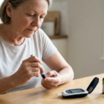 A person using a modern blood sugar monitoring device with a glucose meter, test strips, and smartphone app for daily health tracking.